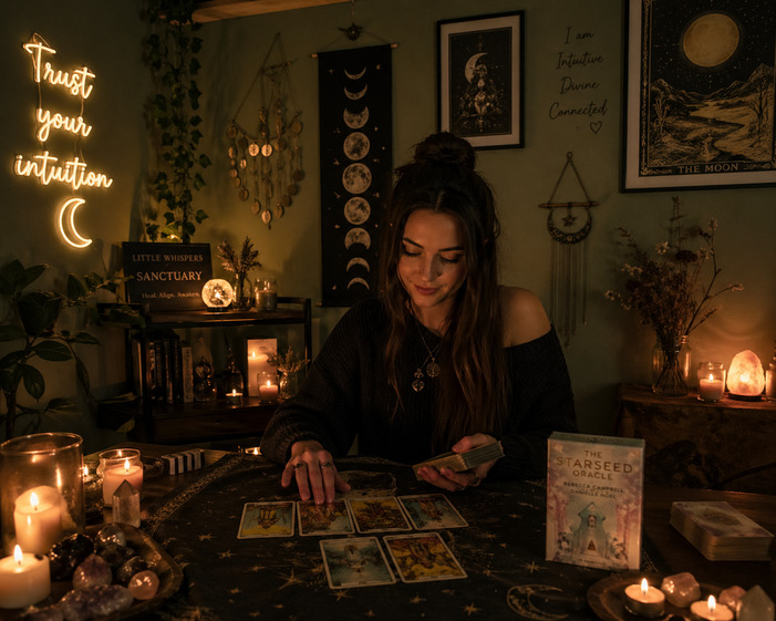 Carol at a reading table with tarot cards
